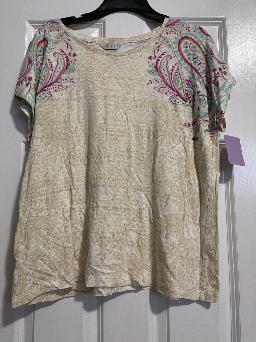Christopher & Banks Cream Short Sleeve Top with Pink & Teal Paisley